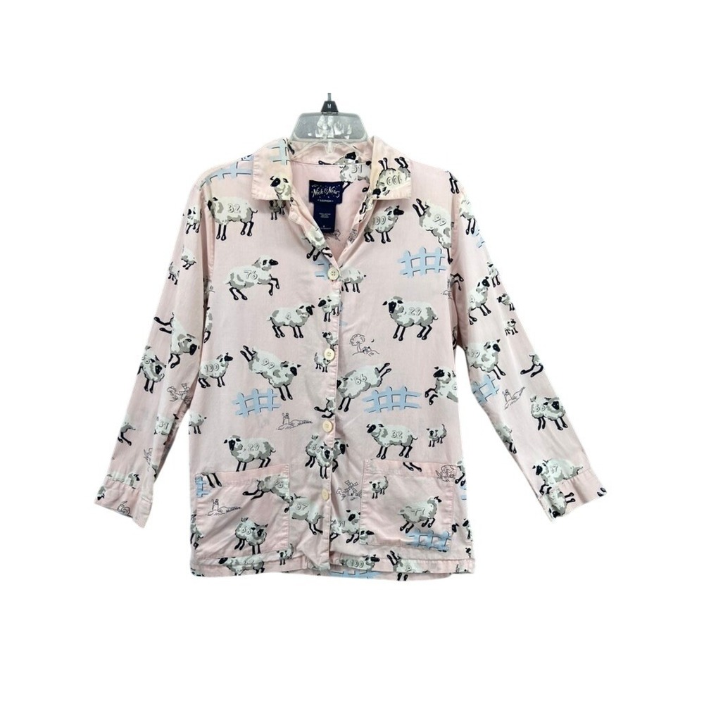 Nick & Nora Pajama Top Womens S Pink Counting Sheep Cotton Button Up